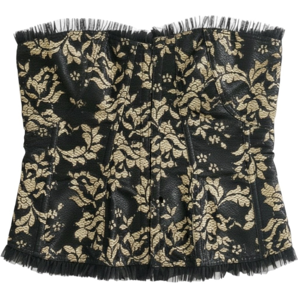 Fredericks of Hollywood Regal Corset Black Gold Floral Jacquard Lace Up 6940 L